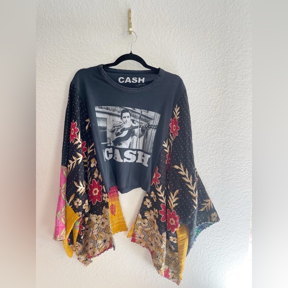 Up cycled Kimonos Johnny Cash Nirvana Kantha Patchwork Sleeve graphic band T’s. - Picture 1 of 6